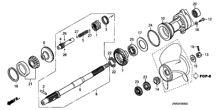 éclaté moteur  HONDA engrenages embase hélices